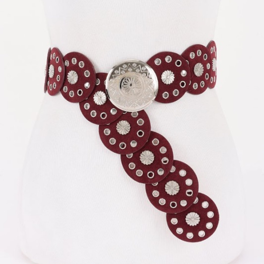 ShopEvelynne Burgundy Studded Western Circle Belt with Silver Concho